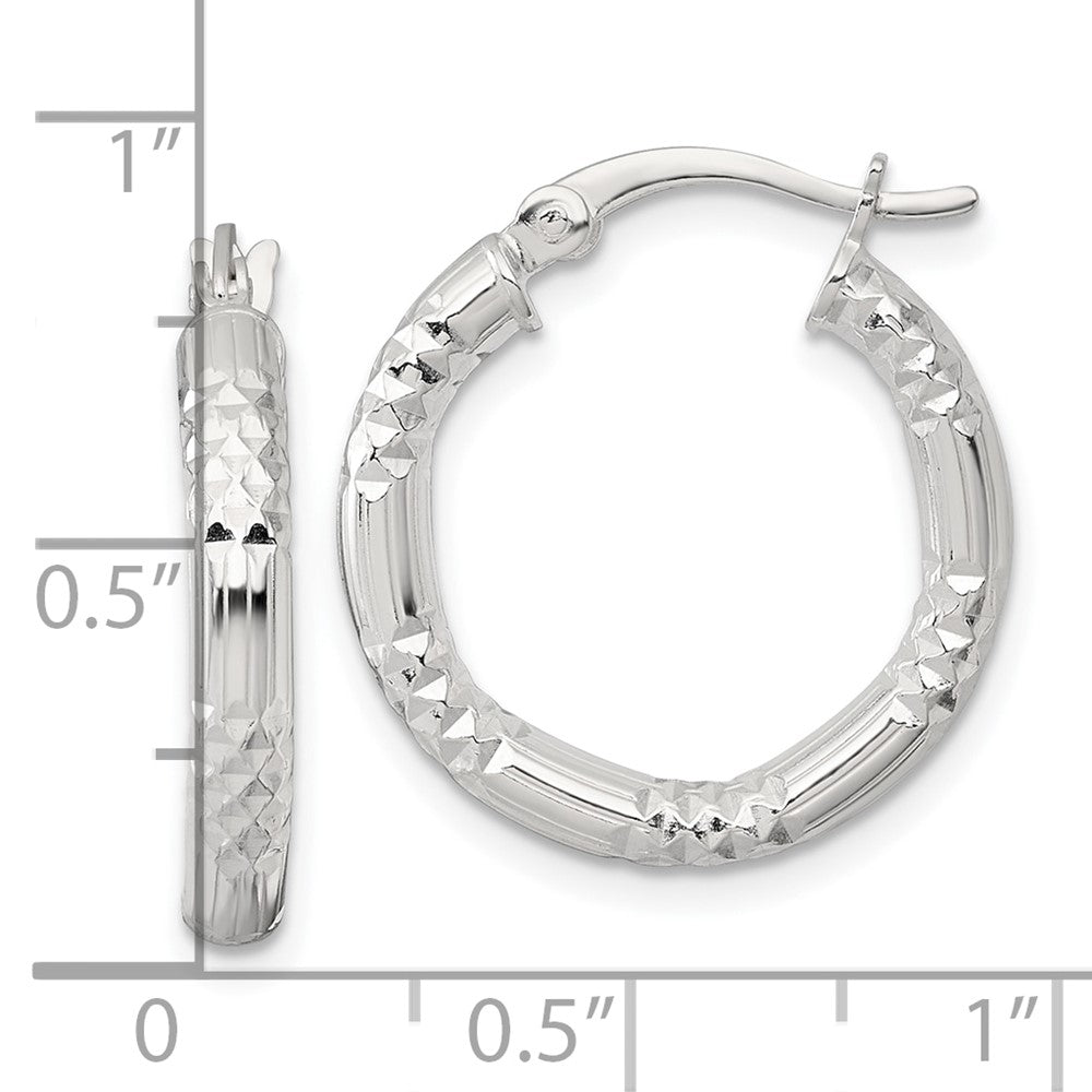 QE17846 Sterling Silver Polished Diamond-cut Textured 20x3.25mm Round Hoop Earrings