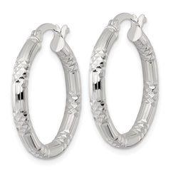 QE17847 Sterling Silver Polished Diamond-cut Textured 25x3.25mm Round Hoop Earrings