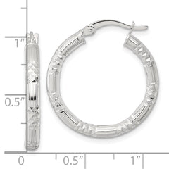 QE17847 Sterling Silver Polished Diamond-cut Textured 25x3.25mm Round Hoop Earrings