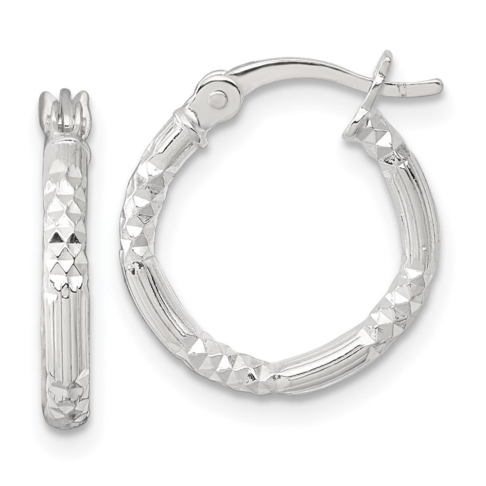 QE17849 Sterling Silver Polished Diamond-cut Textured 16x2.25mm Round Hoop Earrings