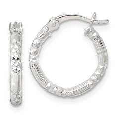 QE17849 Sterling Silver Polished Diamond-cut Textured 16x2.25mm Round Hoop Earrings