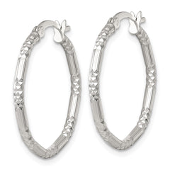 QE17851 Sterling Silver Polished Diamond-cut Textured 25x2.25mm Round Hoop Earrings