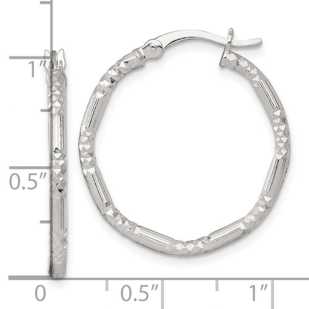QE17851 Sterling Silver Polished Diamond-cut Textured 25x2.25mm Round Hoop Earrings