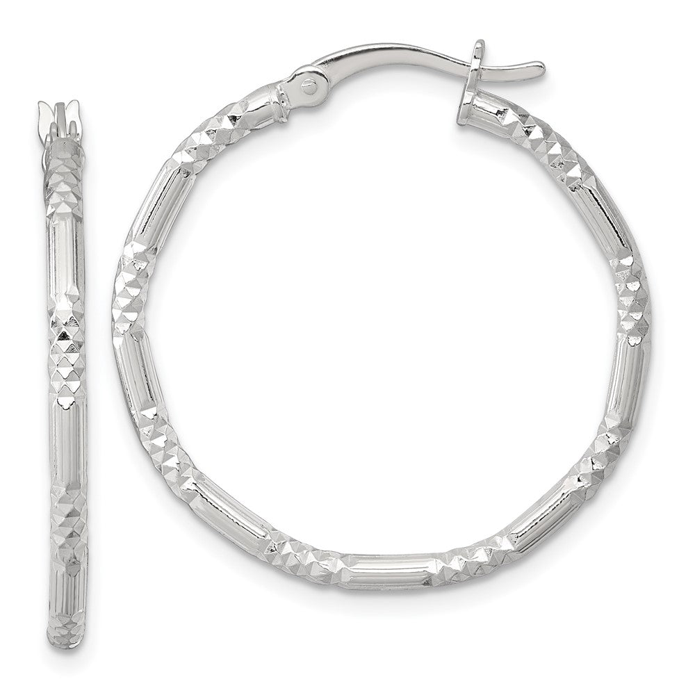 QE17852 Sterling Silver Polished Diamond-cut Textured 30x2.25mm Round Hoop Earrings