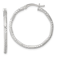 QE17852 Sterling Silver Polished Diamond-cut Textured 30x2.25mm Round Hoop Earrings