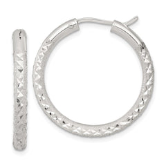 QE17853 Sterling Silver Laser and Diamond-cut 30x3.25mm Hidden Catch Round Hoop Earrings