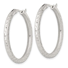 QE17854 Sterling Silver Laser and Diamond-cut 35x3.25mm Hidden Catch Round Hoop Earrings