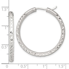 QE17854 Sterling Silver Laser and Diamond-cut 35x3.25mm Hidden Catch Round Hoop Earrings