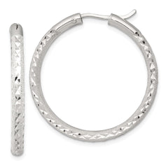 QE17854 Sterling Silver Laser and Diamond-cut 35x3.25mm Hidden Catch Round Hoop Earrings