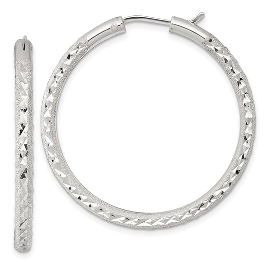 QE17855 Sterling Silver Laser and Diamond-cut 40x3.25mm Hidden Catch Round Hoop Earrings