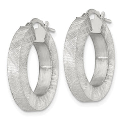 QE17857 Sterling Silver Brushed Textured 4.25mm x 24mm Square Tube Hoop Earrings