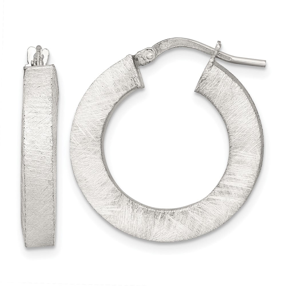 QE17857 Sterling Silver Brushed Textured 4.25mm x 24mm Square Tube Hoop Earrings