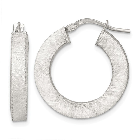 QE17857 Sterling Silver Brushed Textured 4.25mm x 24mm Square Tube Hoop Earrings