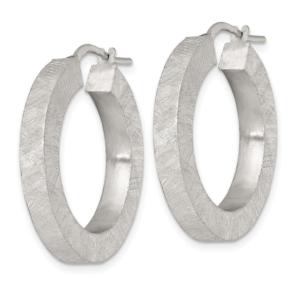 QE17858 Sterling Silver Brushed Textured 4.25mm x 28mm Square Tube Hoop Earrings
