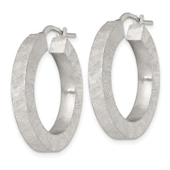 QE17858 Sterling Silver Brushed Textured 4.25mm x 28mm Square Tube Hoop Earrings