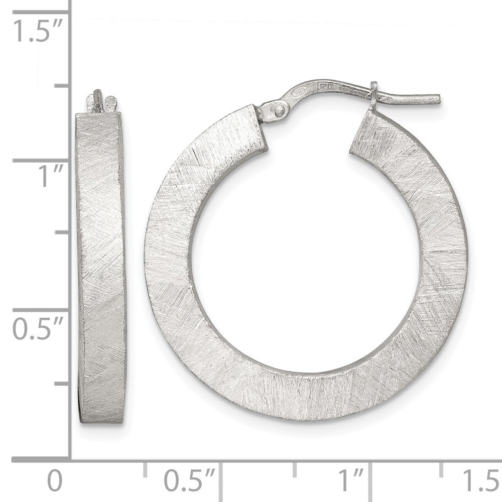 QE17858 Sterling Silver Brushed Textured 4.25mm x 28mm Square Tube Hoop Earrings