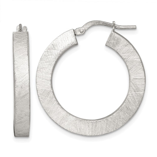 QE17858 Sterling Silver Brushed Textured 4.25mm x 28mm Square Tube Hoop Earrings