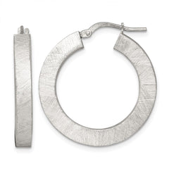 QE17858 Sterling Silver Brushed Textured 4.25mm x 28mm Square Tube Hoop Earrings