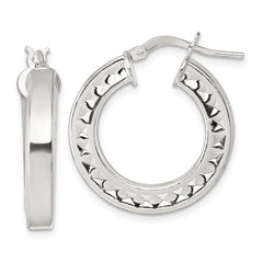 QE17859 Sterling Silver Polished and Textured 4.00 x 23mm Hoop Earrings