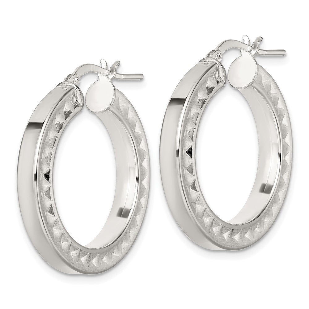 QE17860 Sterling Silver Polished and Textured 4.00 x 29mm Hoop Earrings