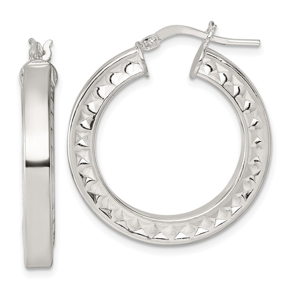 QE17860 Sterling Silver Polished and Textured 4.00 x 29mm Hoop Earrings
