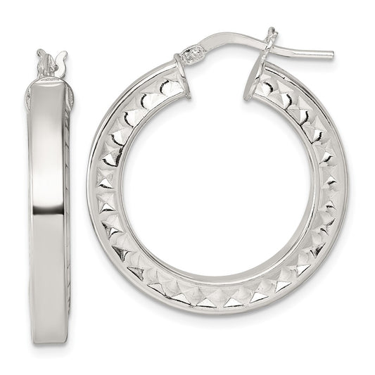 QE17860 Sterling Silver Polished and Textured 4.00 x 29mm Hoop Earrings