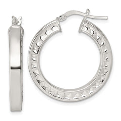 QE17860 Sterling Silver Polished and Textured 4.00 x 29mm Hoop Earrings