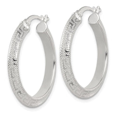 QE17861 Sterling Silver Textured 30x4.0mm Knife Edge Greek Key Round Hoop Earrings