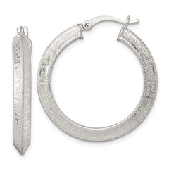 QE17861 Sterling Silver Textured 30x4.0mm Knife Edge Greek Key Round Hoop Earrings