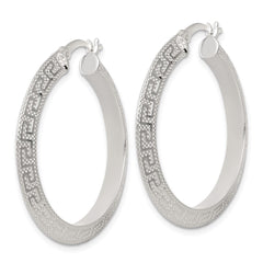 QE17862 Sterling Silver Textured 35x4.0mm Knife Edge Greek Key Round Hoop Earrings