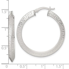 QE17862 Sterling Silver Textured 35x4.0mm Knife Edge Greek Key Round Hoop Earrings