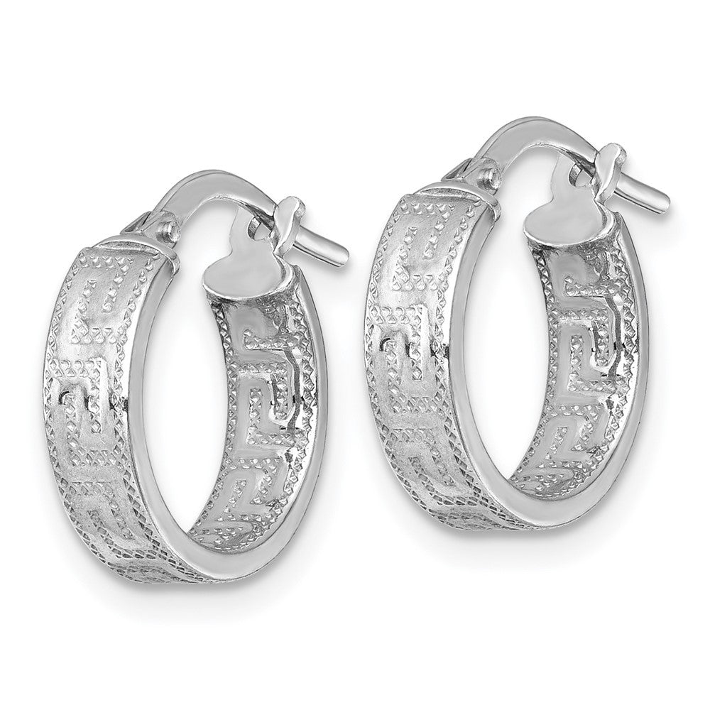 QE17865 Sterling Silver Rhodium-plated Polished Textured In and Out Greek Key 4.00 x 14mm Hoop Earrings