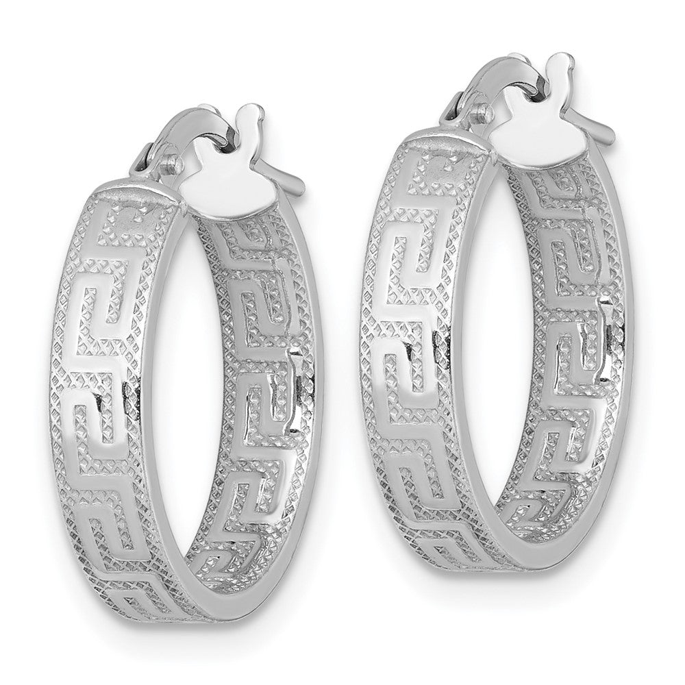 QE17866 Sterling Silver Rhodium-plated Polished Textured In and Out Greek Key 4.00 x 18mm Hoop Earrings