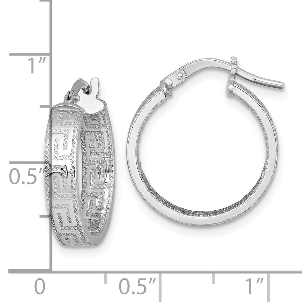 QE17866 Sterling Silver Rhodium-plated Polished Textured In and Out Greek Key 4.00 x 18mm Hoop Earrings
