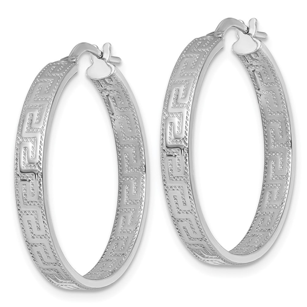 QE17868 Sterling Silver Rhodium-plated Polished Textured In and Out Greek Key 4.00 x 29mm Hoop Earrings