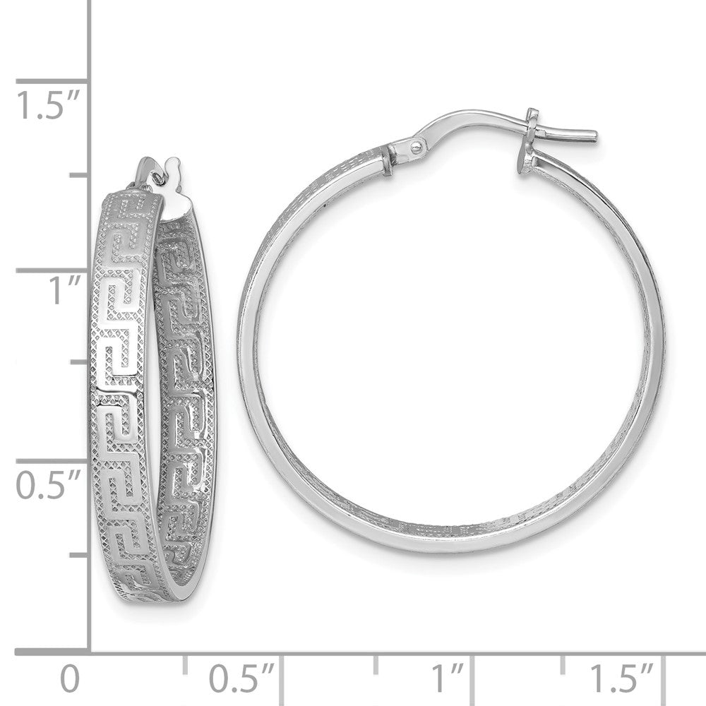 QE17868 Sterling Silver Rhodium-plated Polished Textured In and Out Greek Key 4.00 x 29mm Hoop Earrings