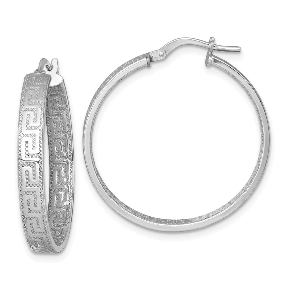QE17868 Sterling Silver Rhodium-plated Polished Textured In and Out Greek Key 4.00 x 29mm Hoop Earrings