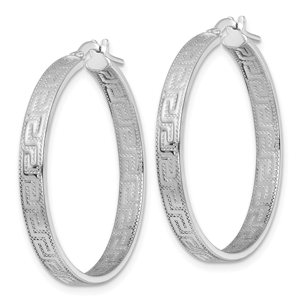 QE17869 Sterling Silver Rhodium-plated Polished Textured In and Out Greek Key 4.00 x 33mm Hoop Earrings