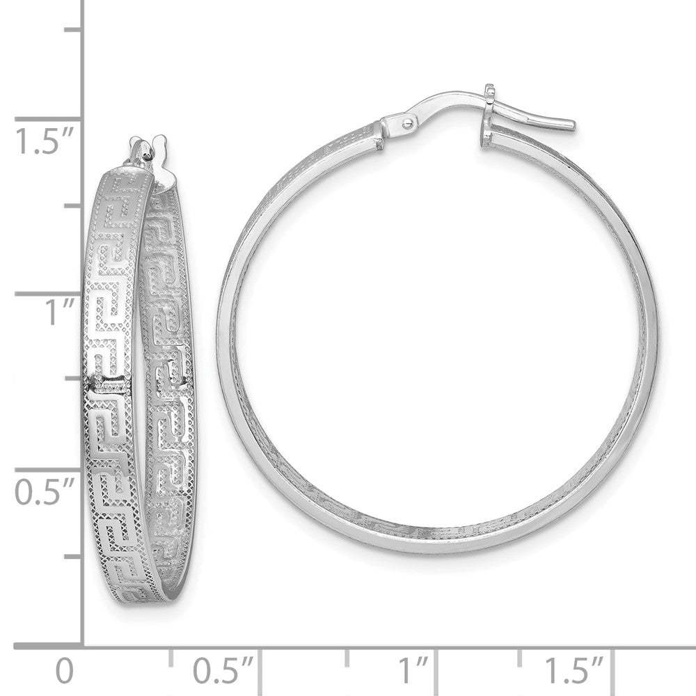 QE17869 Sterling Silver Rhodium-plated Polished Textured In and Out Greek Key 4.00 x 33mm Hoop Earrings