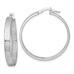 QE17869 Sterling Silver Rhodium-plated Polished Textured In and Out Greek Key 4.00 x 33mm Hoop Earrings