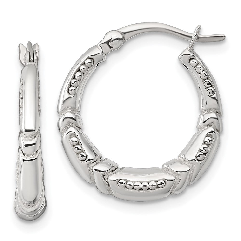 QE17870 Sterling Silver Polished Beaded and Grooved Round Hollow Hoop Earrings