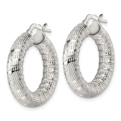 QE17872 Sterling Silver Polished and Textured 5.25mm Round Tube Hoop Earrings