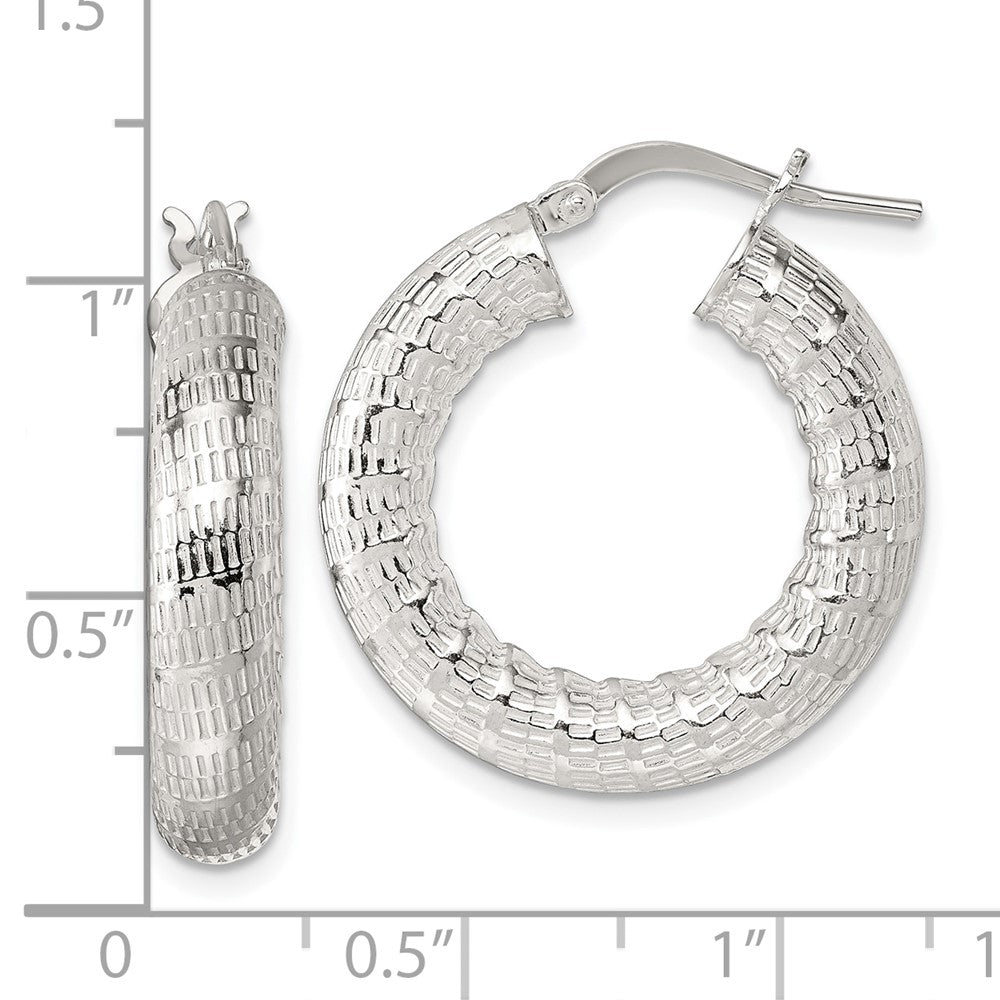 QE17872 Sterling Silver Polished and Textured 5.25mm Round Tube Hoop Earrings