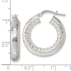 QE17872 Sterling Silver Polished and Textured 5.25mm Round Tube Hoop Earrings