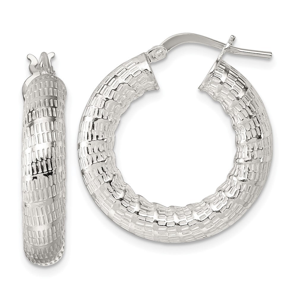 QE17872 Sterling Silver Polished and Textured 5.25mm Round Tube Hoop Earrings