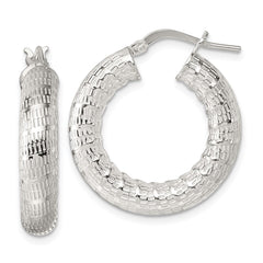 QE17872 Sterling Silver Polished and Textured 5.25mm Round Tube Hoop Earrings