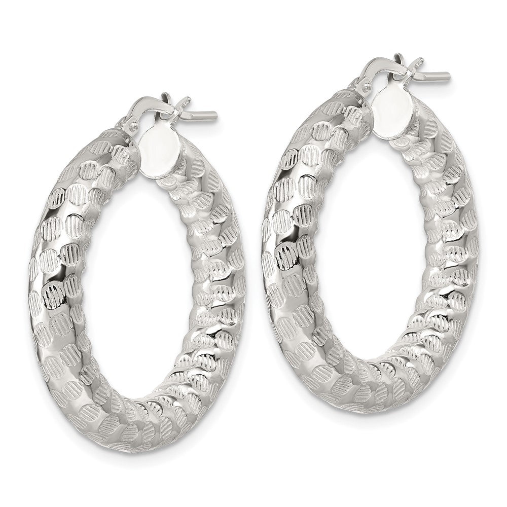 QE17873 Sterling Silver Polished and Textured 5.25mm Round Tube Hoop Earrings