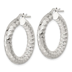 QE17873 Sterling Silver Polished and Textured 5.25mm Round Tube Hoop Earrings