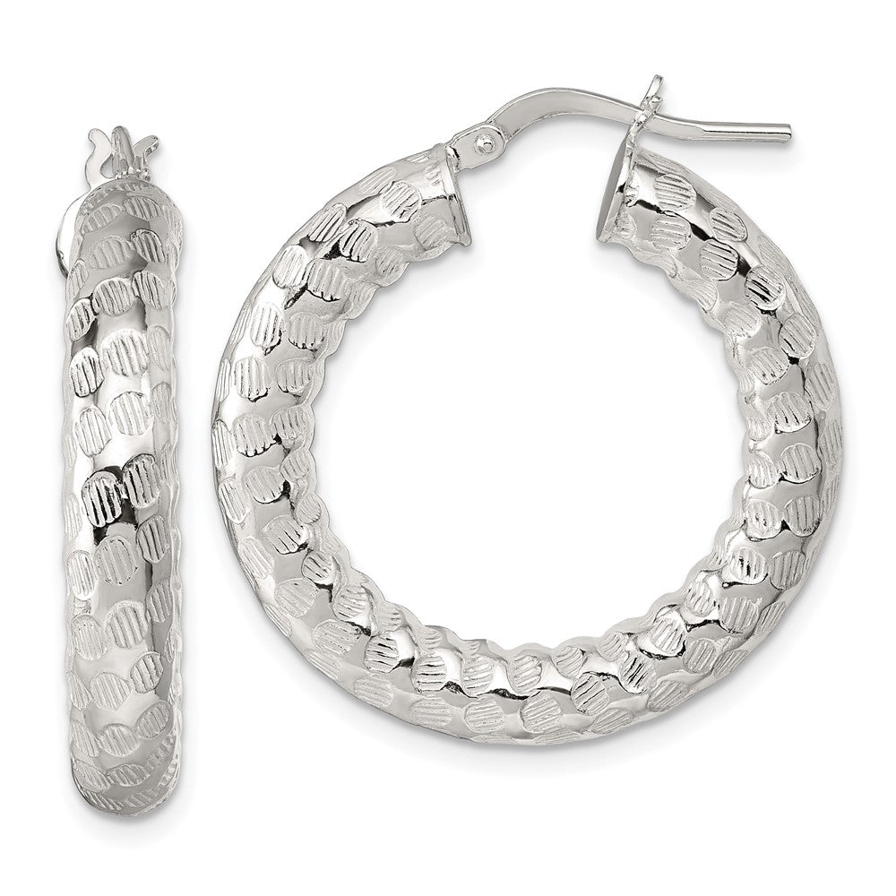 QE17873 Sterling Silver Polished and Textured 5.25mm Round Tube Hoop Earrings