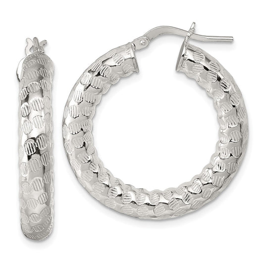 QE17873 Sterling Silver Polished and Textured 5.25mm Round Tube Hoop Earrings